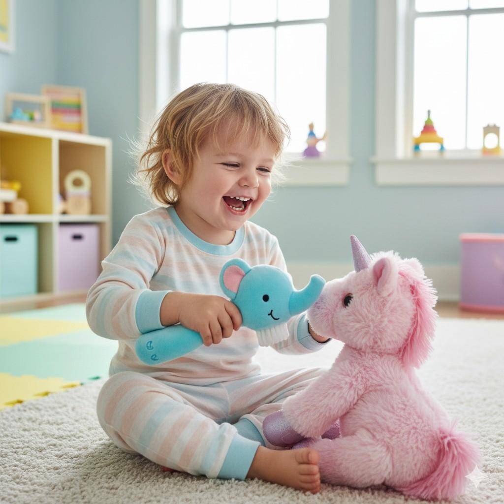 Toddler sitting on the floor playing with a plush toy in a bright, cheerful room, smiling and engaged.
