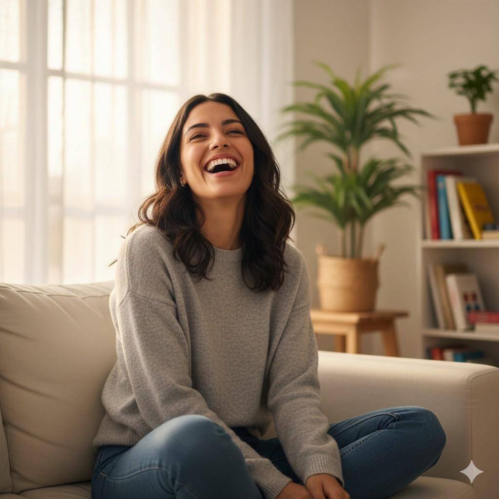 Smiling woman sitting on a couch indoors in a bright, modern living room, appearing relaxed and happy.