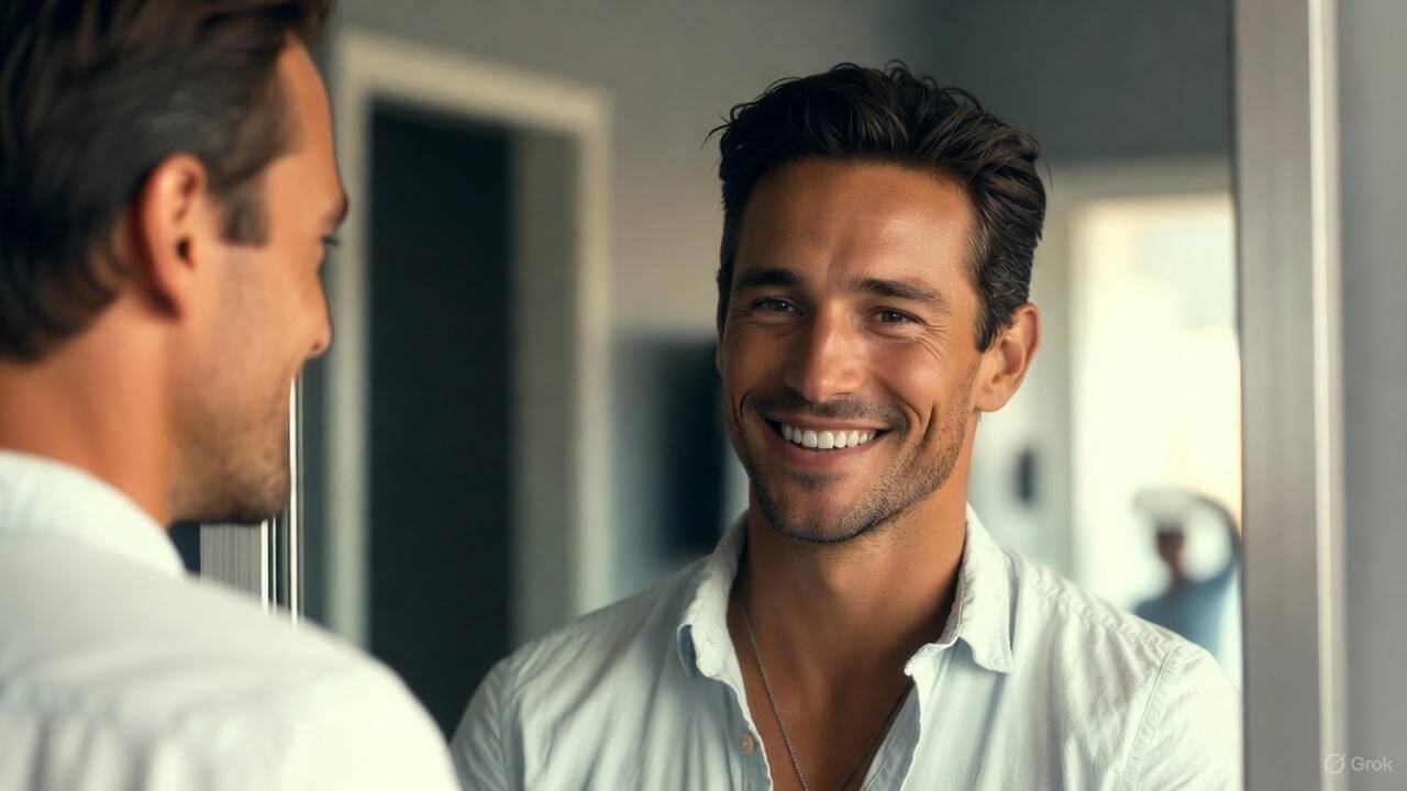 Smiling man looking at his teeth in the mirror after dental treatment.